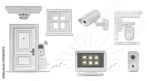 Illustration of a home security system with various security devices