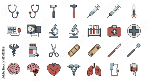 Collection of medical tools and human organs in cartoon illustration