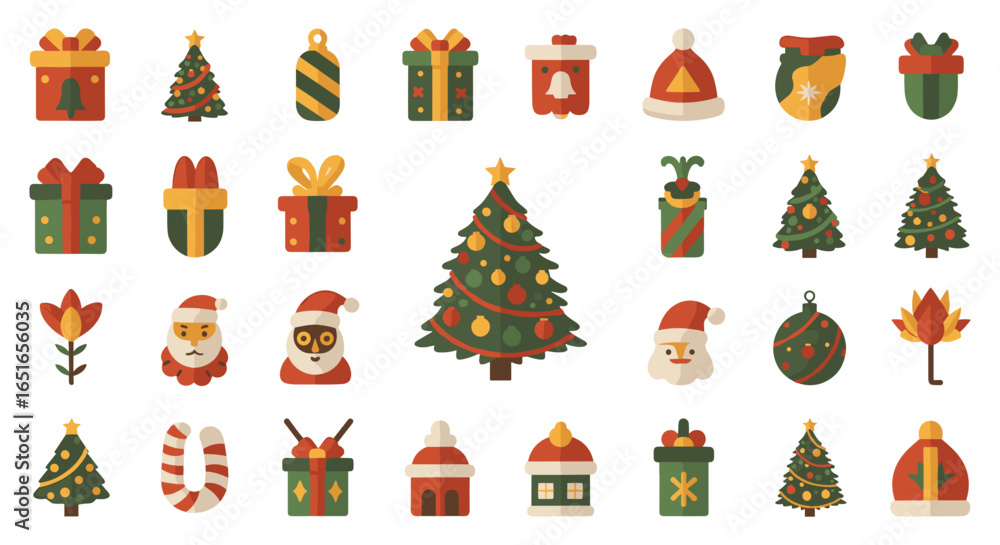 Fototapeta premium Collection of christmas themed illustrations with gifts and trees set