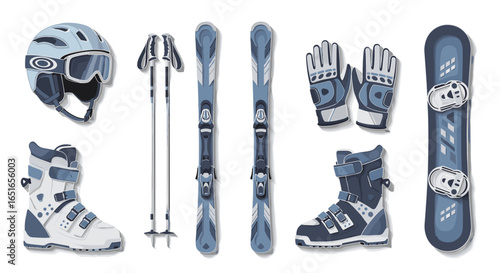 Arrangement of ski helmet goggles poles skis gloves boots and snowboard