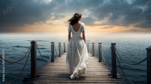 A woman in a flowing white dress walks down a wooden pier extending into a calm sea at sunset.  A dramatic sky. Peaceful, dream-like atmosphere.