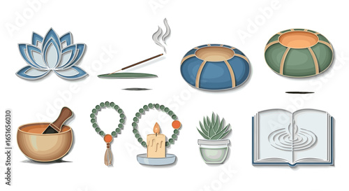 A collection of spiritual and meditation items arranged on display