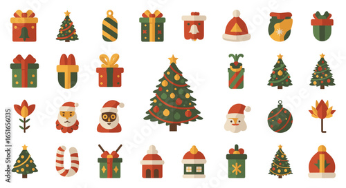 Collection of christmas themed illustrations with gifts and trees set