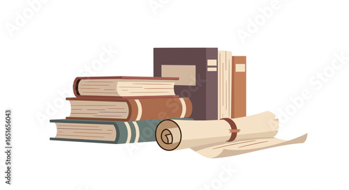 Illustration of stacked books with a rolled parchment document nearby