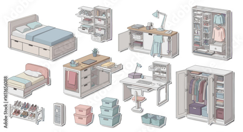 Isometric illustration of bedroom furniture and storage solutions set