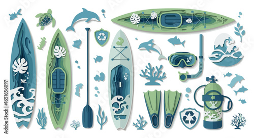 Composition showing various water sports equipment and marine life art