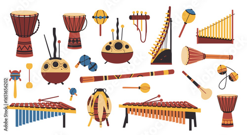 A collection of various traditional african musical instruments shown