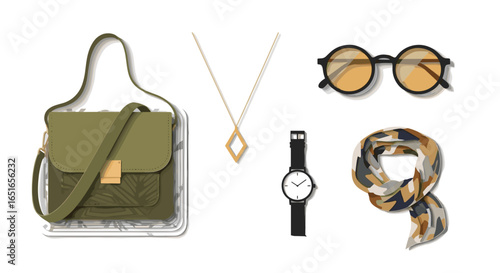 Illustration of a green bag necklace sunglasses watch and patterned scarf