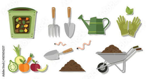 Illustration of gardening tools and compost with fruits and vegetables