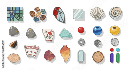 Collection of assorted objects including shells beads and pottery shards