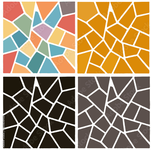 Four abstract mosaic patterns featuring different color palettes and irregular shapes.
