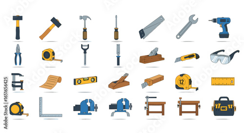 Illustration showing a collection of various carpentry and workshop tools