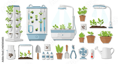 Illustration of indoor gardening systems and various garden tools set