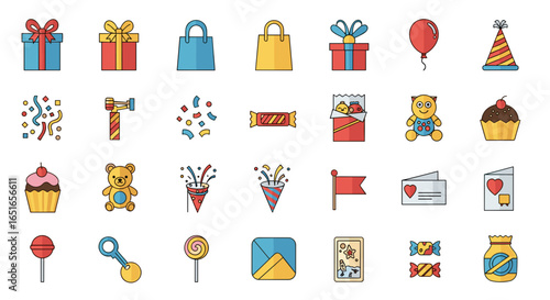 Illustration of assorted party and celebration themed icons in rows