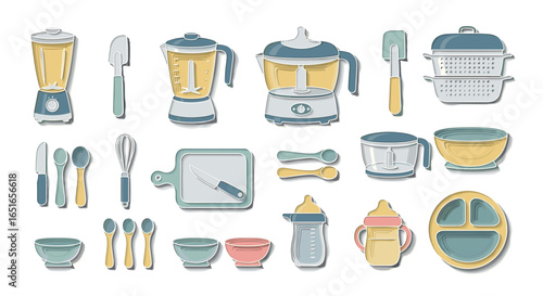 Illustration of kitchen appliances and baby feeding utensils set up nicely