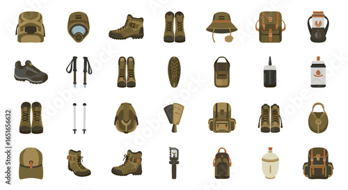 A collection of hiking and camping gear arranged in a grid pattern