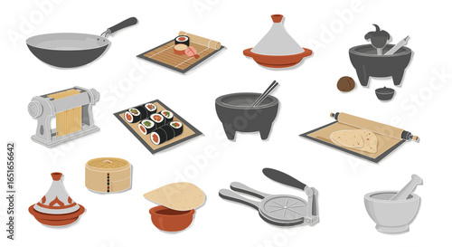 Collection of kitchen tools including pots sushi and pasta maker items