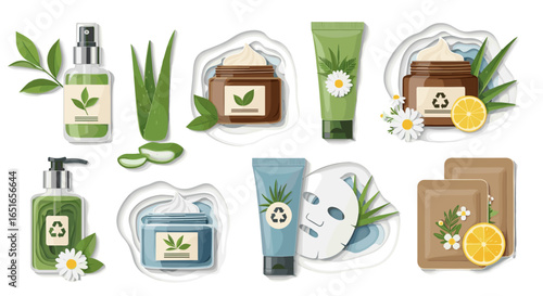 Assortment of natural skincare products with leaves and flower accents