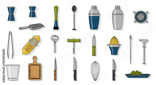Illustration of various bar tools including shakers and bottle openers