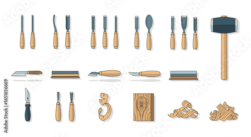 Illustration showing various wood carving tools and wood carving results