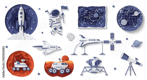 Collection of space themed paper cutouts including rocket and astronaut