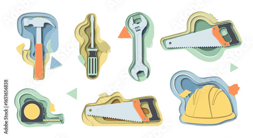 Illustration of various construction tools in a layered paper cut style