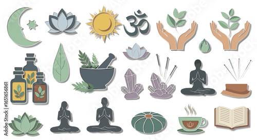 Collection of holistic health and wellness icons in pastel colors