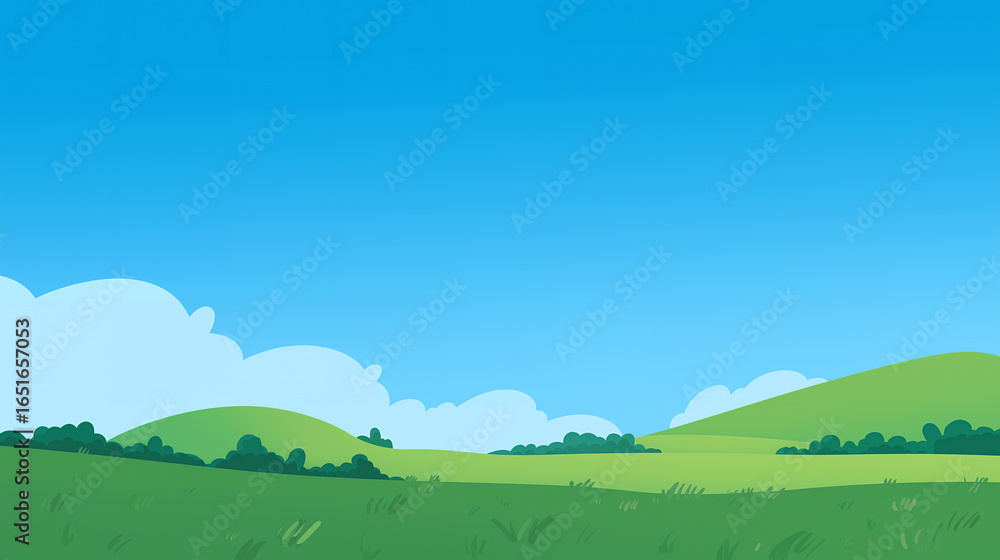 Fototapeta premium Meadow And Hills Under Blue Sky Illustration