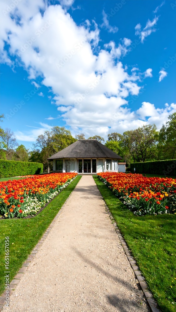 Fototapeta premium A gravel path leads to a thatched-roof gazebo nestled amongst vibrant tulip beds under a bright, partly cloudy sky