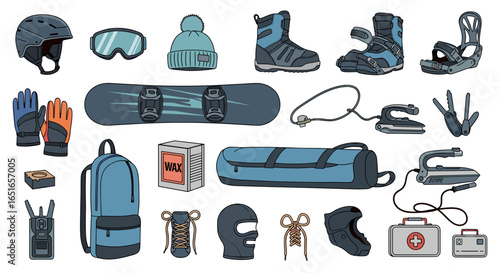 Illustration featuring snowboarding gear and accessories in a cartoon style