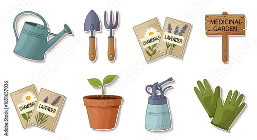 Illustration of gardening tools and plants for medicinal garden theme