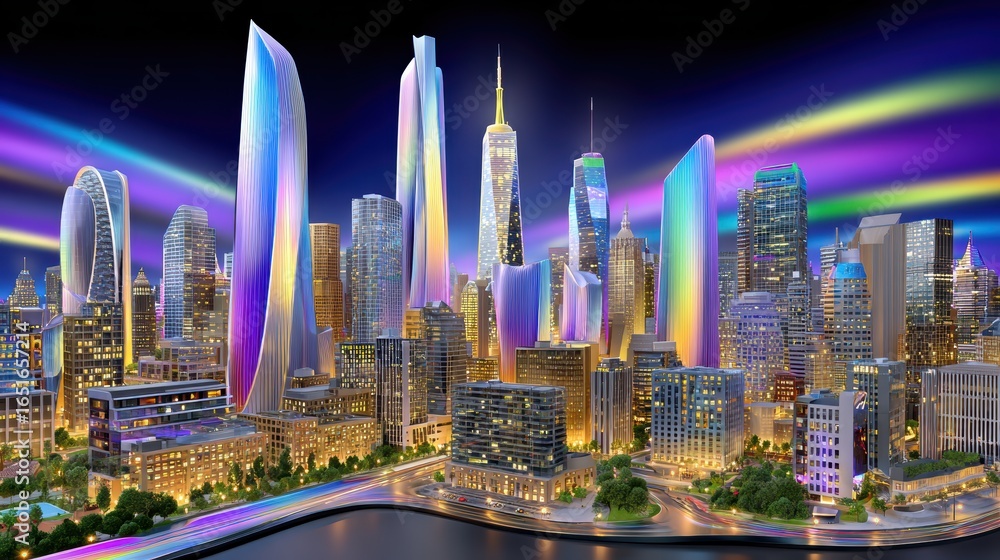 Obraz premium Futuristic Cityscape: Urban Architecture, Modern Skyline, Night