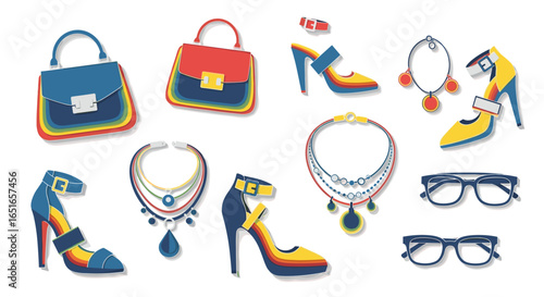 Illustration of handbags shoes necklaces and glasses on white background