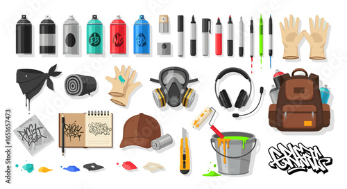 A collection of graffiti art supplies including paint and safety gear