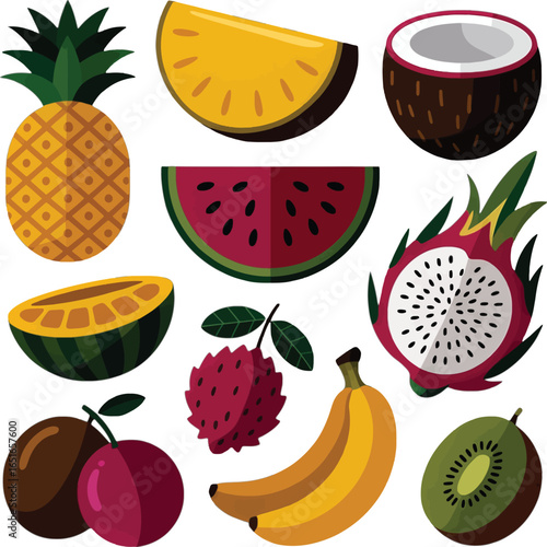 Assorted Fresh Tropical Fruits And Coconut Collection On White Background pineapple watermelon