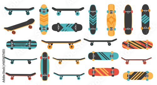 Collection of various skateboards with different designs and colors seen