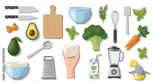Assortment of kitchen tools and fresh produce for cooking and preparing