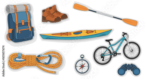 Illustration of outdoor adventure gear including kayak and bicycle