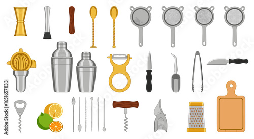 Illustration of various bar tools including shakers and strainers neatly