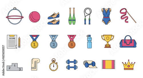 Illustration featuring various rhythmic gymnastics and sports equipment