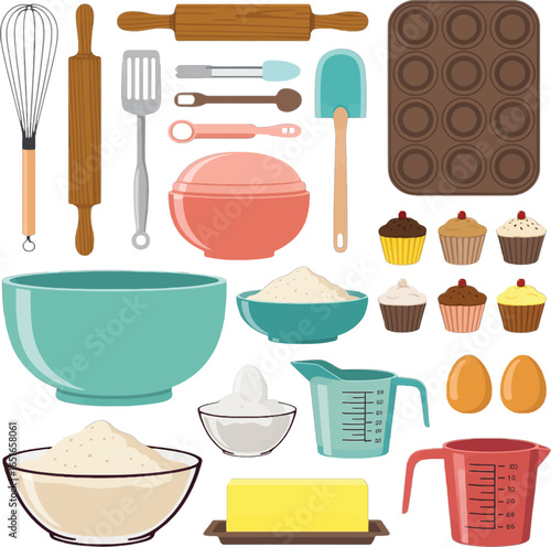 Baking Supplies And Ingredients With Cupcakes And Measuring Jugs vector illustration