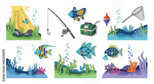 Illustration of fishing equipment and colorful fish in an underwater scene