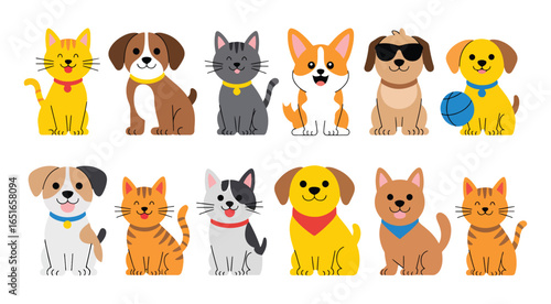 Adorable Dog and Cat Sticker Vector Collection – Lovely Hand Drawn Pet Doodle Illustrations, Cute Puppy and Kitten Cartoon Stickers
