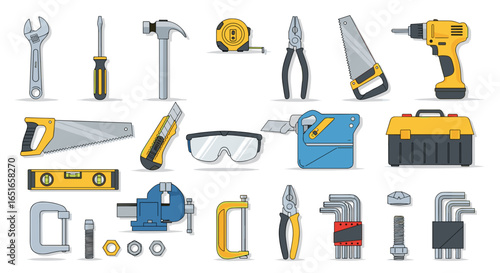 Illustration of various construction and repair tools in organized view