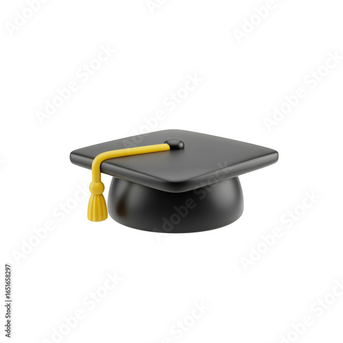 3D render of a black graduation cap with a yellow tassel. Academic mortarboard icon representing education, achievement, and commencement ceremony, isolated on a transparent background.