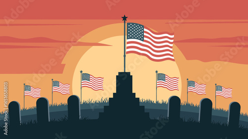 Solemn Veterans Day vector illustration with American flag monument, silhouetted gravestones, dusk sky gradient in warm orange and red hues, patriotic memorial tribute scene