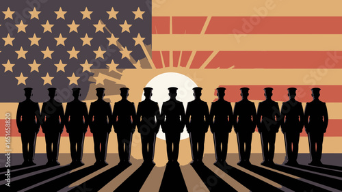Vector illustration of silhouetted soldiers standing at attention against a distressed American flag with a dramatic sun backlight, patriotic retro artwork symbolizing unity and discipline