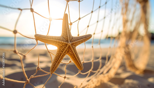 Golden Starfish Displayed In White Fishing Net On Sandy Beach With Sunlit Horizon