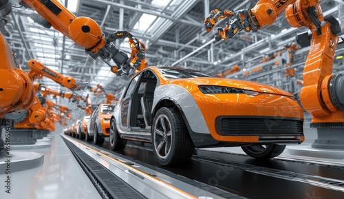 Automated car assembly line in a modern factory.  Orange robots work on vehicles