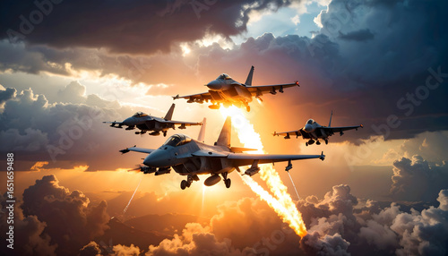 Formation of Fighter Jets Soaring Across the Sunset Sky with Burning Trails in the Background